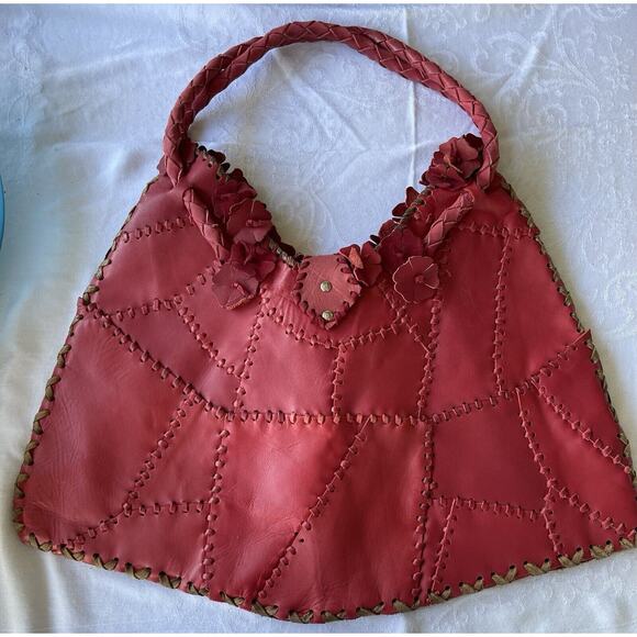 Wabags Genuine Leather Appliqué Flower Tote Handbag Red 3 D Design Shoulder Bag - Picture 3 of 10